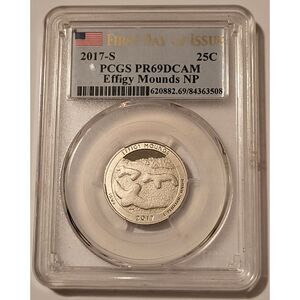 2017 S Clad Effigy Mounds NP Quarter Proof PR69 DCAM PCGS First Day of Issue